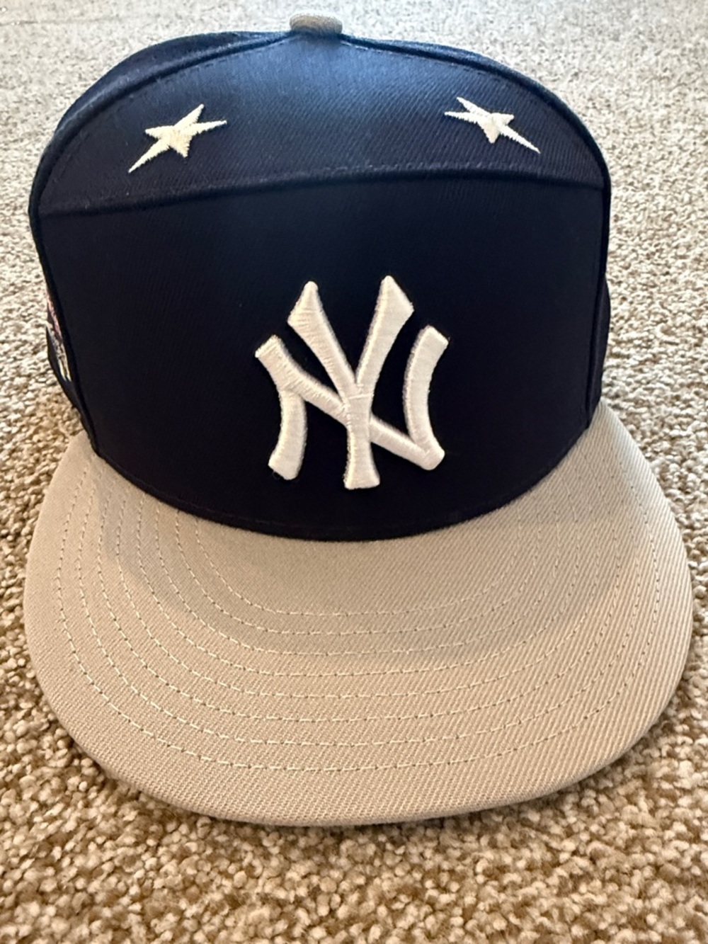 New Era 5 panel hat Navy Crown with Gray Flat Brim NY fitted hat size 7 1/8.